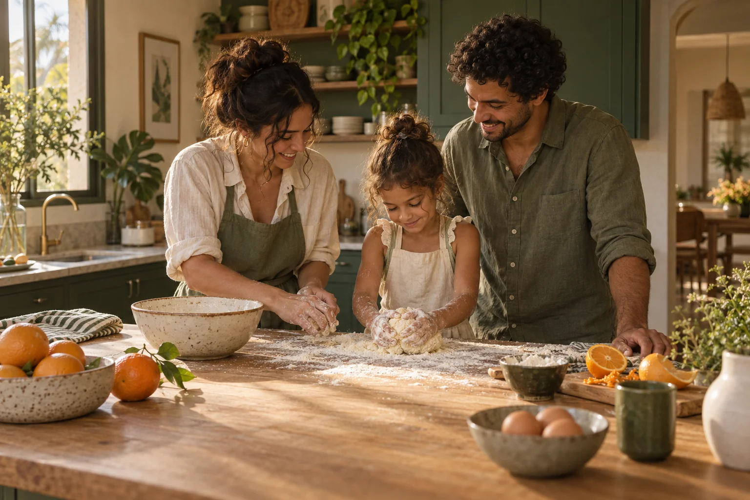 Uma família aproveita a manhã preparando uma receita em casa